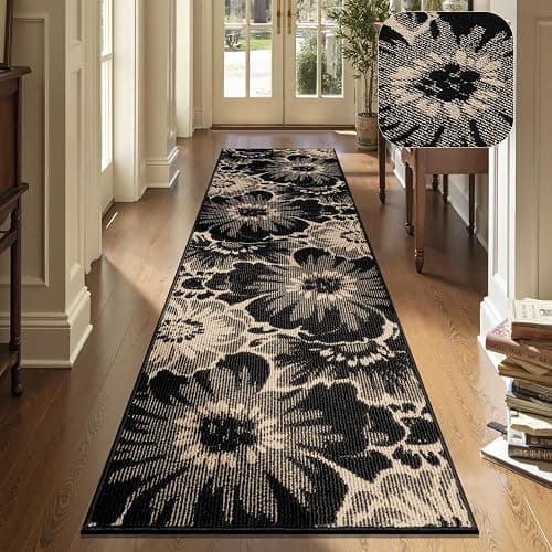 Findosom Hallway Runner Rug 2x8, Non Slip High-Low Textured Floral Washable Runner Rug with Rubber Backing, Boho Carpet Runner for Kitchen, Entryway, Bedroom, Laundry, Black & Beige - Image 1