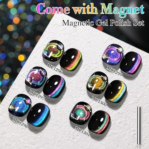 Double Rhythm Cat Eye Gel Nail Polish Set of 6 Same Color Same Bottle 0.5 Oz Shimmer Glitter with Magnet Holographic Reflective Magnetic UV Nail Polish Kit at Home (Holographic Rainbow-T6-88) thumbnail 9