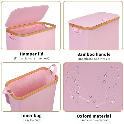 iEGrow 65L Slim Laundry Hamper, Narrow Laundry Basket with Lid,Foldable Clothes Hamper with Bamboo Handles,Hamper Basket with Removable Inner Bag for Laundry Room Bedroom College Dorm,17.17 Gals Pink thumbnail 4