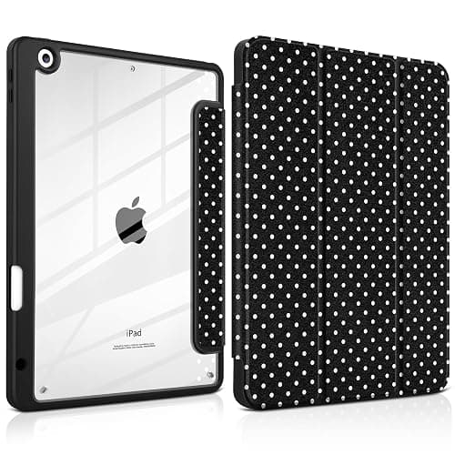 MEEgoodo Case for iPad 10.2 inch,Tablet Cases for iPad 9th Generation 2021/8th Gen 2020/7th Gen 2019 with Clear Acrylic Back Shell+Pencil Holder+Auto Wake/Sleep+Trifold Stand, White Polka Dot - Image 1