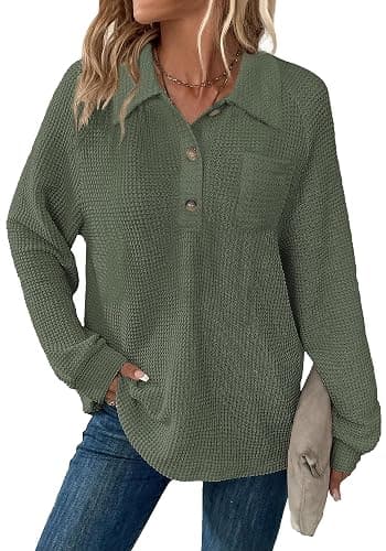 Balivsa Womens Tops Waffle Knit V-Neck Long Sleeve T-shirts Button Down with Pockets Tunic Fashion Clothing - Image 1