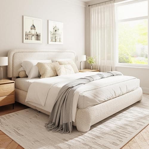 GLOLLOSPARK Queen Size Boucle Bed Frame, Upholstered Platform Bed with Height Adjustable Headboard & Soft Rounded Corners, Noise Free, Easy Assembly, No Box Spring Needed, Beige thumbnail 8