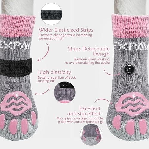 EXPAWLORER 4Pcs Anti-Slip Dog Socks - Double Side Non-Slip Paw Protector for Hardwood Floors,Prevent Licking,Dog Booties,Dog Shoes for Hot/Cold Pavement thumbnail 3