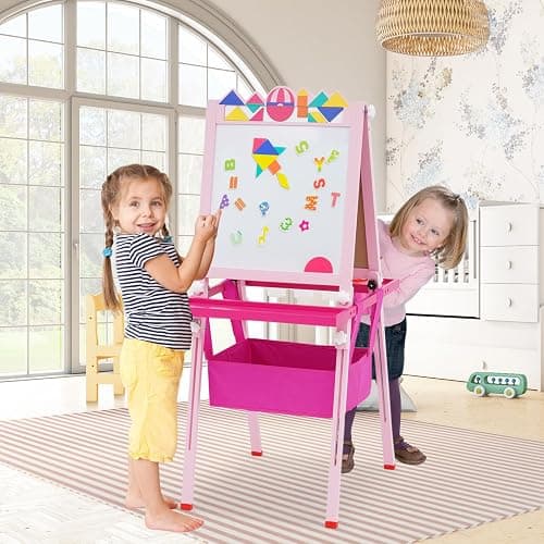Kids Art Easel,Double-Sided Wooden Easel for Kids with Paper Roll,Height Adjustable Standing Easel with Puzzle Tangram Toys,Storage Box and Other Accessories,Easel for Toddlers 3-10 Years thumbnail 2