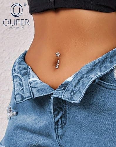OUFER Body Piercing Belly Button Bars 316L Stainless Steel Belly Bar Rings 14G Internally CZ Dangly Navel Piercing Jewellery Butterfly Teardrop Navel Bars Women thumbnail 4