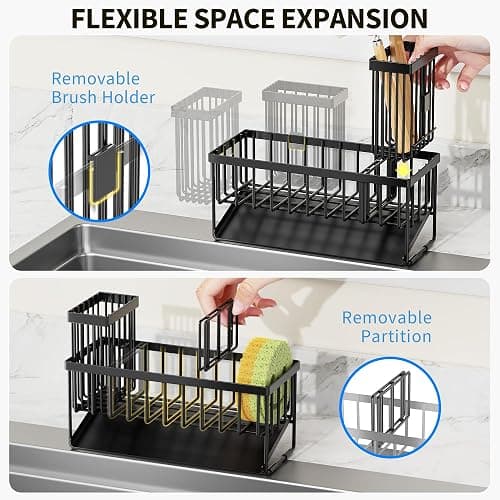 Cisily Kitchen Sink Caddy Organzier with High Brush Holder, Sponge Holder for Sink, 304 Rustproof Stainless, Kitchen Countertop Soap Dispenser Organizer, Kitchen Decor and Accessories (Black) thumbnail 3