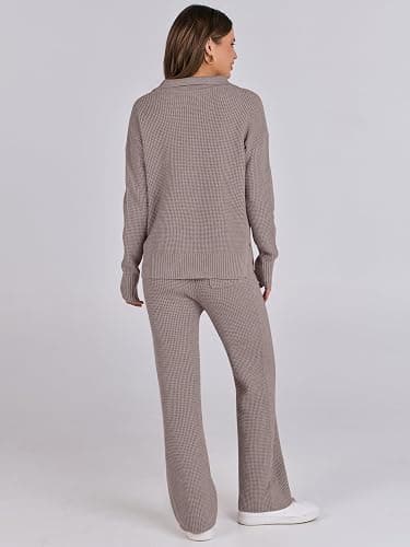 ANRABESS Women Two Piece Outfits Sweater Sets Lounge Waffle Knit Pullover Matching Wide Leg Pants Tracksuit 2025 Fall Fashion thumbnail 2