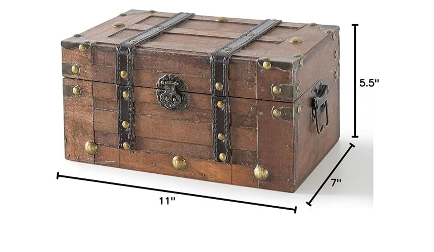 SLPR Alexander Small Wooden Treasure Chest - 11" x 7" x 5.5", Wood Storage Box with Hinged Lid, Decorative Trunk for Keepsakes, Vintage Pirate Chest for Classroom thumbnail 3