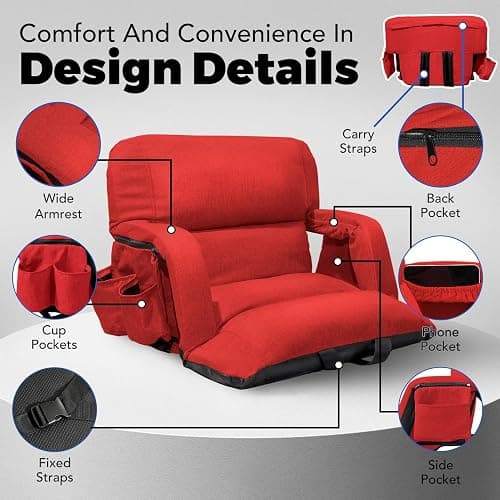 Extra Wide Stadium Seats With Back Support 2 Pack, Exclusive "Sofa Style" Design Thick Bleacher Chairs With Back and Cushion, 6 Reclining Positions - Ultimate Comfort for Sports Events (Red, 25") thumbnail 7
