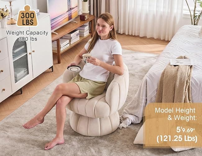 Mistpople Mid Century Modern 360 Degree Barrel Swivel Accent Sofa Chair,Fluffy Velvet Fabric Lounge Wide Upholstered Pumpkin Reading Chair, Round Cloud Armchair for Living Room,Bedroom,Vanity(Beige) thumbnail 4