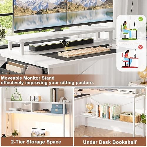 Aheaplus L Shaped Gaming Desk with Power Outlets & LED Lights, Small L- Shaped Desk Computer Corner Desk with Monitor Stand & Storage Shelf, Home Office Desk Writing Desk with Storage Bag, White thumbnail 5