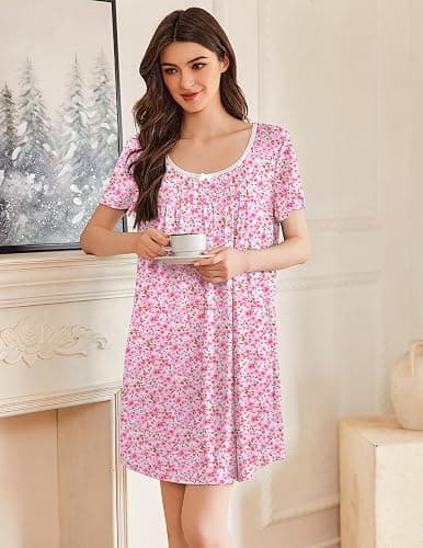 Ekouaer Nightgowns for Women Pleated Sleep Shirts Short Sleeve Night Shirts Lace Trim Night Gown Ladies Sleep Dress thumbnail 3