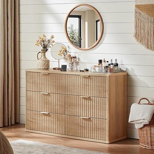 LEYAOYAO 48" Wide Fluted Dresser and 1 Drawers 23" Nightstand Set of 2, Wooden Dresser & Night Stand with Charging Station, 3 Piece Bedroom Furniture Set, Chest of Drawer for Living Room,Natural Wood thumbnail 6