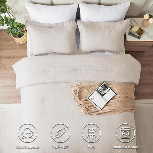 CozyLux Full Size Comforter Set - 3 Pieces Beige Soft Luxury Cationic Dyeing Bedding Comforter for All Season, Breathable Lightweight Fluffy Boho Bed Sets with 1 Comforter and 2 Pillow Shams thumbnail 3