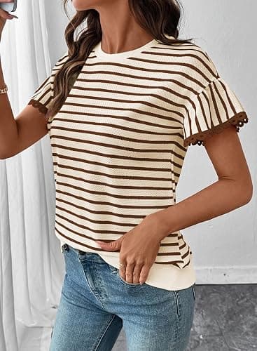 SHEWIN Women Summer Loose Fit Tops Trendy Rib Knit Stripe Shirt Business Dressy Casual 2026 thumbnail 2