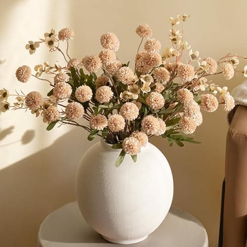 HyeFlora Fake Kiku Flowers, Faux Silk Pompon Mums Artificial Flowers, Chrysanthemum Stems Floral Arrangement Dried Flowers Vintage Decorative Indoor Home Decor Beige with Wax (Vase not Included) thumbnail 2