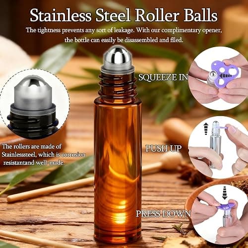 PrettyCare 12-Pack Roller Ball Applicator- Amber Glass Roller Bottles for Essential Oil with Stainless Steel Roller Ball - 10 ml Refillable Leak-proof Empty Roll on Bottles with Caps for Perfume thumbnail 3