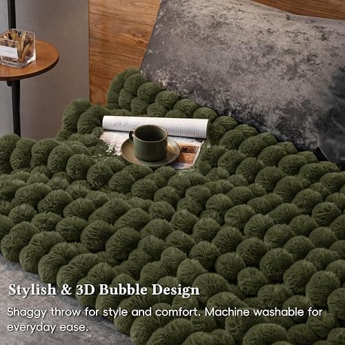 David's Home Double-Sided Faux Rabbit Fur Throw Blanket Twin Size, Reversible Luxury Soft Thick Shaggy Warm Fuzzy Bubble for Couch,Cozy Plush Fluffy for Fall Winter,Winter Moss,60 "* 80" thumbnail 4