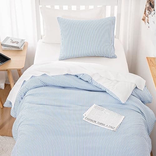 Wake In Cloud - Striped Comforter Set, Ticking Stripe Vertical Pinstripe Neutral Farmhouse Pattern Printed, Soft Lightweight Bedding, 3 Pieces, Blue White, Twin/Twin XL Size thumbnail 4
