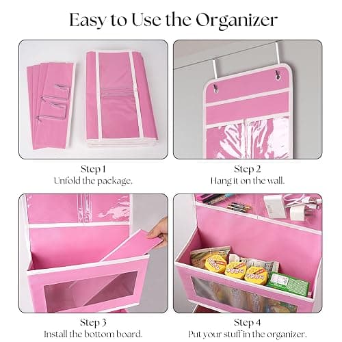 Over Door Organizer with 4 Large Capacity Pockets, Hanging Organizer Storage for Closet Bathroom Nursery Bedroom Dorm, Toys Cosmetics Sundries and Baby Essentials, Pink thumbnail 5