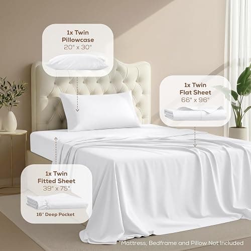 Twin Sheets Set, 3 Pieces 16" Deep Pocket Hotel Luxury Bed Sheets, White | Extra Soft Bedsheet Set, Comfy & Breathable Cooling Sheets, Wrinkle & Fade Resistant, Fitted Sheet, Flat Sheet, 1 Pillowcase thumbnail 2