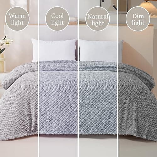 Whale Flotilla Fuzzy Fleece King Size Blanket for Bed, Soft Fluffy Jacquard Waffle Blankets for All Season, Lightweight and Warm, 90x104 Inch, Light Grey thumbnail 9