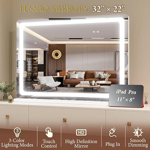 FENNIO Vanity Mirror with Lights 32"x22", Lighted Makeup Mirror, Large Vanity Mirror with Lights, Touch Sensor with 3-Color Lighting, USB Charging Port for Vanity Desk Tabletop thumbnail 6