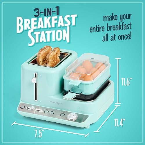 Nostalgia Classic Retro 3-in-1 Breakfast Station - Includes Egg and Veggie Steamer, Non-Stick Griddle, and Wide 2-Slot Toaster - Versatile Breakfast Maker Cooking Station with Toasting Control thumbnail 3