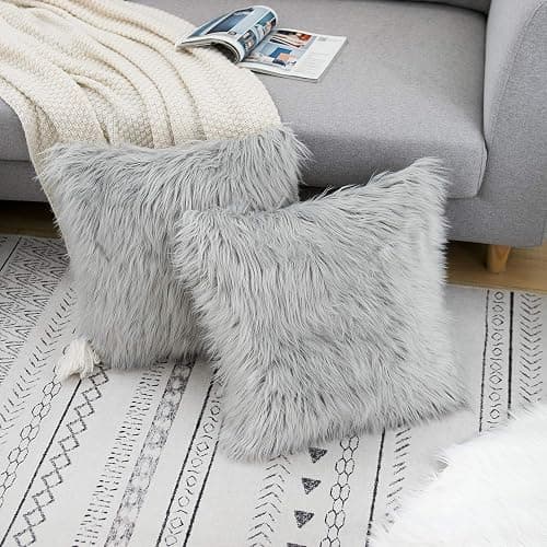 WLNUI Set of 2 Light Grey Christmas Decorative Pillow Covers New Luxury Series Merino Style Faux Fur Fluffy Throw Pillow Covers Fuzzy Cushion Case for Sofa Bedroom Living Room Home Decor 18x18 Inch thumbnail 3