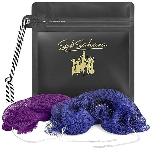 SubSahara African Net Sponge Authentic - 2 Pieces Exfoliating Scrubber for All Skin Types, Ideal for Face & Body Daily Use, Durable, Gentle Exfoliation (Blue & Purple) - Image 1