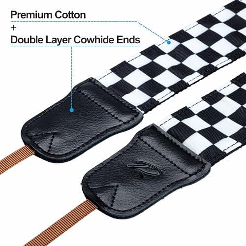 Padwa Lifestyle Black and White Plaid Camera Strap - 2" Wide Double Layer Cowhide Head,Cotton Camera Shoulder Straps,Grid Pattern Adjustable Camera Neck Strap for all Cameras,Gift for Photographers thumbnail 2