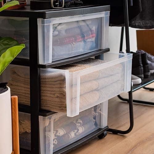 IRIS USA 3 Drawer Wide Storage Drawer Cart with Caster Wheels, Plastic Rolling Dresser for Home Closet Bedroom Bathroom Office Laundry Kitchen Craft Room Nursery and School Dorm, Black/Clear - Black - 3 Drawer thumbnail 6