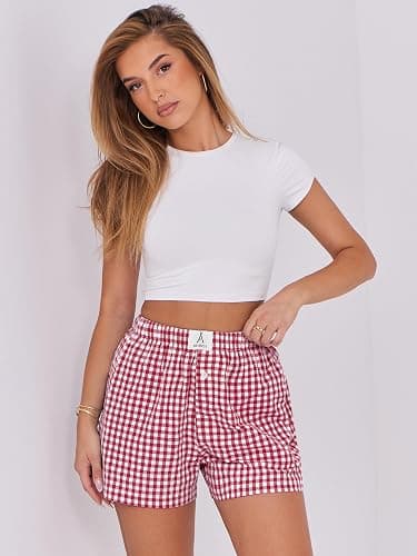 ANRABESS Boxer Shorts for Women Gingham Pajama 2025 Summer Casual Lounge Sleep Plaid Shorts Y2K Beach Bottoms - Red White Plaid - Large thumbnail 6