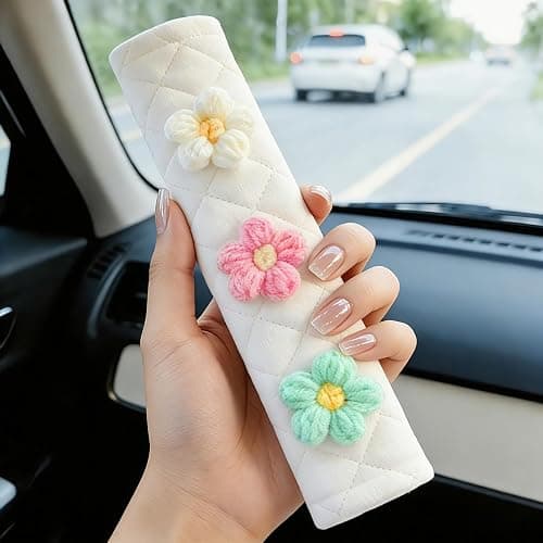 Amooca Soft Auto Seat Belt Cover Seatbelt Shoulder Pad Cushions 2 PCS for a More Comfortable Driving Universal Fit for All Cars and Backpack Off-White Knitted Flower (Green & Pink) thumbnail 2