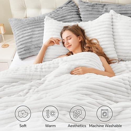 BEDELITE Fleece Queen Comforter Set -Super Soft & Warm Fluffy Bright White Bedding, Luxury Fuzzy Heavy Bed Set for Winter with 2 Pillow Cases thumbnail 3