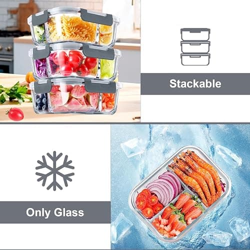 VERONES 5 Pack Glass Meal Prep Containers 3 Compartment Set, 36OZ Airtight Glass Lunch Containers, Glass Food Storage Containers with Lids, for Microwave, Oven, Freezer & Dishwasher Friendly,Grey thumbnail 4