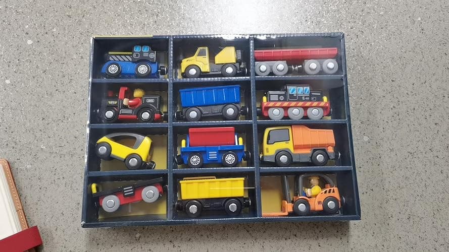 Giant bean 12 Vehicles Train Car Set Accessories, Battery Operated Magnetic Mini Construction Set for Wooden Train Tracks, Bulk Car Toys for Toddlers 3 4 5 Year Boys Girls Kids thumbnail 7