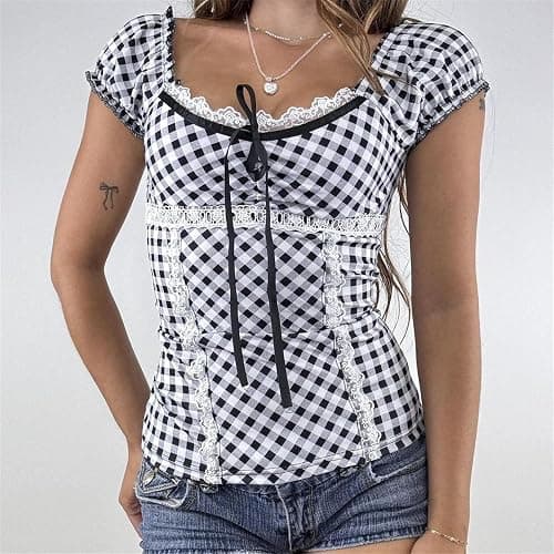 VnimVinter Women Fairy Grunge Y2k Shirt Vintage Short Sleeve 2000s Fairycore Aesthetic Crop Top E-Girl Streetwear thumbnail 4
