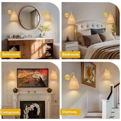 Rattan Battery Operated Wall Sconces set of Two,Rechargeable Wall Sconces with 5000mAh Dimmable Bulb and Remote,LED 12 Colors Boho Wall Lighting with Remort for Bedroom Living Room Hallway Wall Decor thumbnail 7