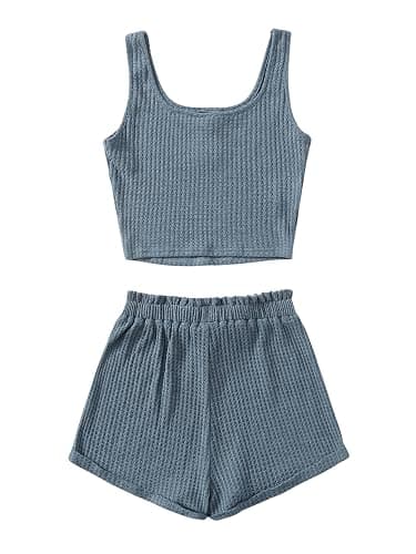 RoseSeek Girl's 2 Piece Outfits Waffle Knit Scoop Neck Button Down Crop Tank Tops Paperbag Waist Track Shorts thumbnail 2
