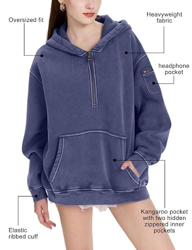 FAIABLE Women's Oversized Washed Quarter Zip Hoodie Loose Fit Pullover Sweatshirt with Pockets thumbnail 5