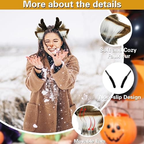 SIOTMERA Reindeer Antlers Headband, Realistic Deer Antlers Headbands Reindeer Ears Adults Christmas Party Birthday Makeup Cosplay, Reindeer Headband for Christmas Eve Costume Gift, Brown thumbnail 2