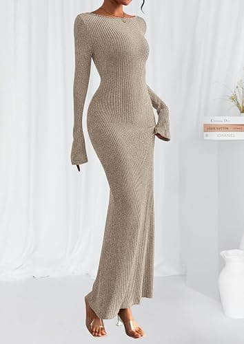 PRETTYGARDEN Women's Fall Fashion 2025 Long Sleeve Maxi Dress Ribbed Knit Boat Neck Bodycon Casual Dresses Going Out Outfits thumbnail 3