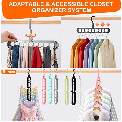 Closet Organizers and Storage,College Dorm Room Essentials,Pack of 6 Multifunctional Organizer Magic Space Saving Hangers with 9 Holes Storage Organization for Wardrobe Closet thumbnail 3
