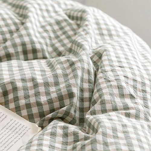 mixinni Green Ruffle Duvet Cover King Size 3 Pieces – 100% Washed Cotton, Vintage Plaid Ruffled Bedding Set with Zipper Ties, Soft Checkered Grid Farmhouse Chic Comforter Cover Set thumbnail 8