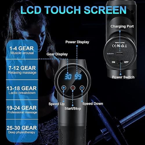 Massagepistole, Muskel Percussion Massagegerät mit 30 Geschwindigkeiten Leise Handmassagegeräte Massage Pistole mit LCD Touchscreen 10 Köpfe Massage Gun für Schulter Körper Rücken Entspannung thumbnail 3