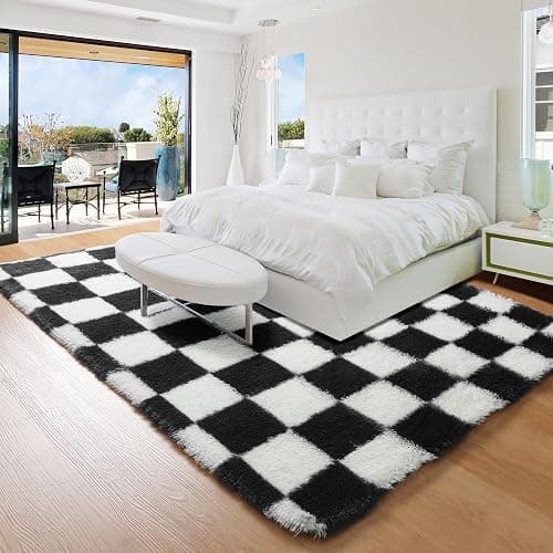 KICMOR Area Rugs for Bedroom Living Room, 4x6 Black and White Fluffy Soft Checkered Rug Fuzzy Shag Shaggy Carpet, Indoor Plush Floor Rugs for Kids Boys Girls Teen Dorm Nursery Home Decor Aesthetic thumbnail 7