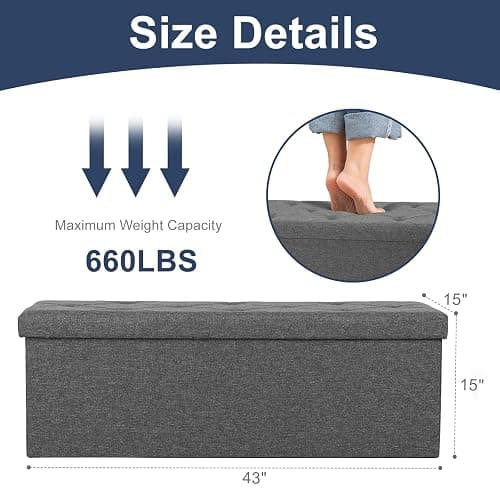 DUMOS 43 Inch Folding Storage Ottoman Bench, Large Ottoman with Storage | Storage Chest with Thicker Foam Padded Seat, End of Bed Foot Rest Stool for Bedroom Living Room Entryway, Load 660 lbs, Grey thumbnail 3