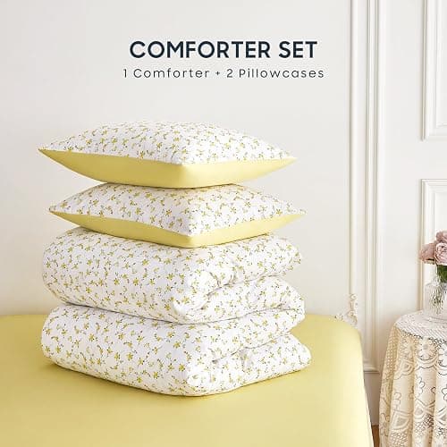 Wake In Cloud - Floral Comforter Set, Coquette Cottagecore Aesthetic Cute Flower Pattern for Women Teen Girls, Soft Lightweight Dorm Bedding, 3 Pieces, Yellow White, Queen Size thumbnail 2