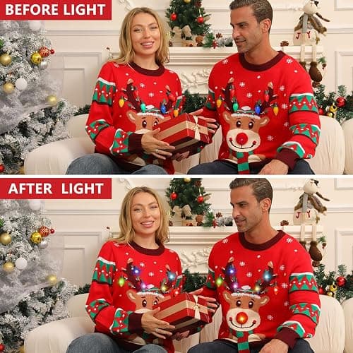 Ugly Christmas Sweater Women Men,Light Up Christmas Sweater for Couples,Funny Cute Reindeer LED Xmas Tacky Sweaters thumbnail 4